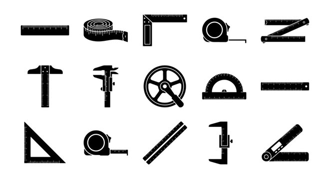 Measuring Tools Icons Set: Rulers, Calipers, Tape Measures, Protractor, Set Square