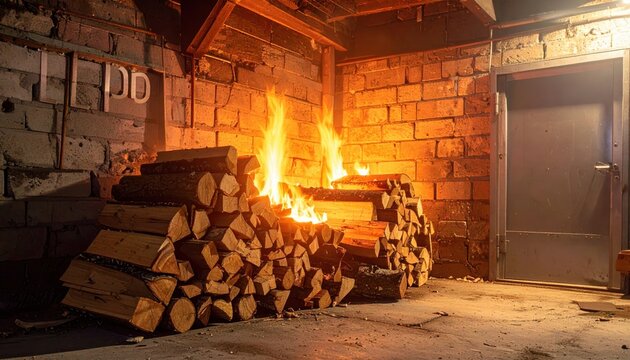 Abundant firewood neatly stacked and burning in a reinforced indoor corner