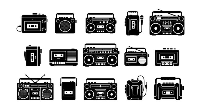 Retro Boombox Collection, Portable Cassette Players, Vintage Audio Devices, 15 Icon Set