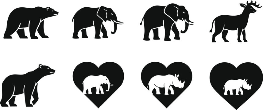 Silhouette collection diverse wildlife representations featuring bears elephants and antelopes in heart shapes