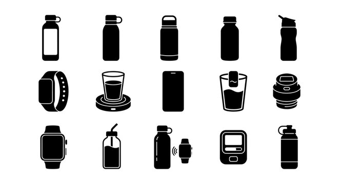 Fitness Tracker, Water Bottle, and Drink Icons: Health and Wellness Vector Set