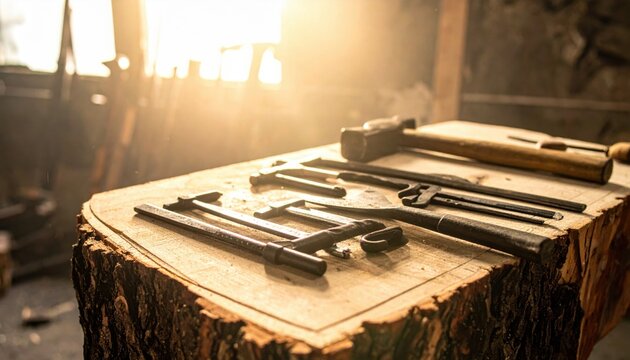 Array of antique bronze and iron forging tools like hammers and chisels arranged on a rough wooden surface, bathed in warm sunlight.