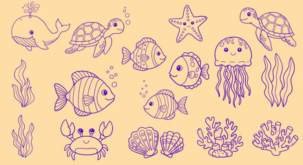 Cute sea creatures collection with whale, turtle, fish, crab, jellyfish and coral line art set © Dipta