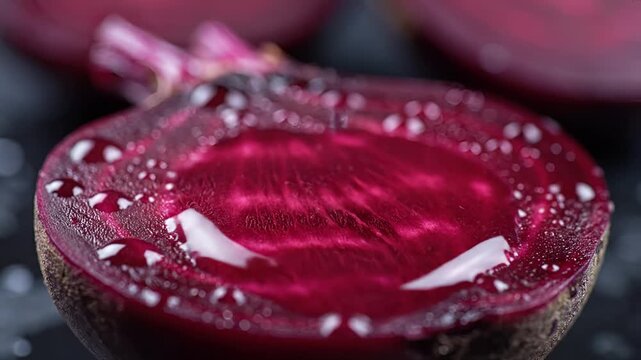 Closeup of a fresh beetroot slice with water droplets falling.