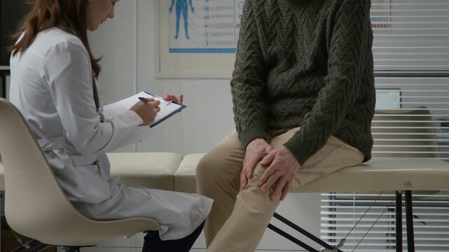 Tilt down shot of female physician documenting patient record while elderly man describing knee and chest pain sitting on examination table at doctors office