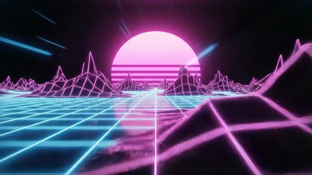 Abstract retro futuristic digital landscape featuring a cyan neon wireframe grid floor and pink glowing mountain terrain under a large striped sun with atmospheric light rays.