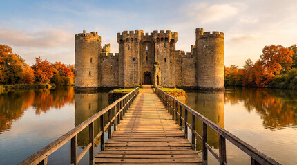 Bodiam Castle in autumn, with the warm light reflecting off the moat. © ginettigino