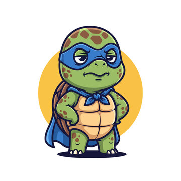 Cartoon Superhero Turtle with Cape and Mask Illustration.