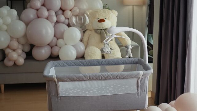 Nursery setup featuring crib large teddy bear balloon decorations creating festive atmosphere for baby promoting comfort joy innocence and care. Infant child family love parenthood cozy home