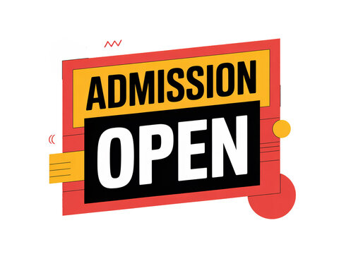 A colorful admission open sign on a black background with geometric shapes
