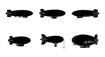 Vintage blimp silhouette collection, set of 6 dirigible airship icons, black zeppelin aircraft vector illustrations, retro flying transport symbols © Anika