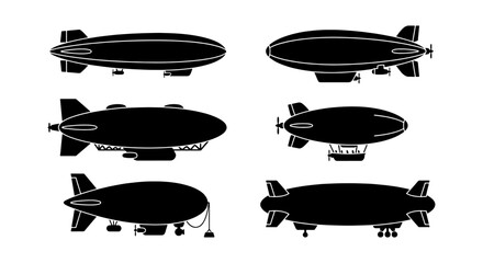 Vintage airship silhouette collection, set of 6 dirigible zeppelin vector icons, retro flying blimp transport illustrations for aviation design © Anika