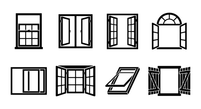 Minimalist window line icons set, black architectural window frames collection, modern house exterior glass window symbols for construction and real estate