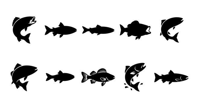Black fish silhouette collection, set of 10 aquatic animal vector icons, jumping salmon and trout shapes for fishing logos and outdoor branding