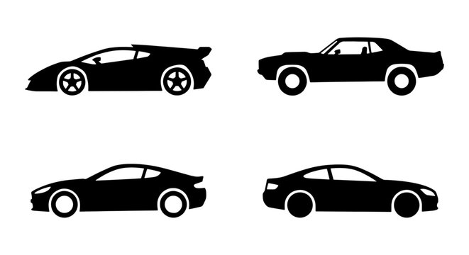 Black car silhouettes set, modern supercar and classic muscle car vector icons, 4 automotive transport side view elements for logo design