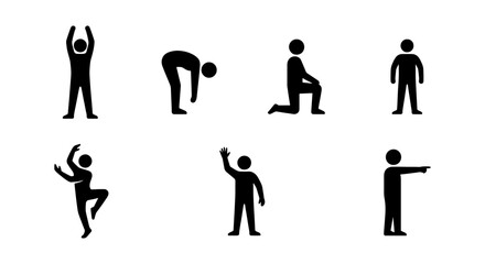 Fototapeta premium Minimalist human stick figure icons set, black silhouette people in various poses, 7 vector man pictograms for signage and infographics