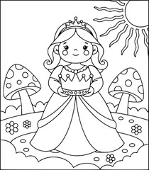 Fototapeta premium Serene young queen holding royal crown in mushroom garden coloring page