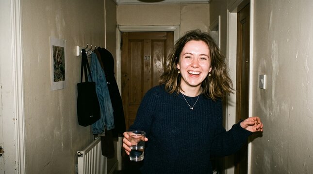 Young Woman Candid Portrait with Film Grain Disposable Camera Aesthetic &mdash; Authentic Gen Z Lifestyle