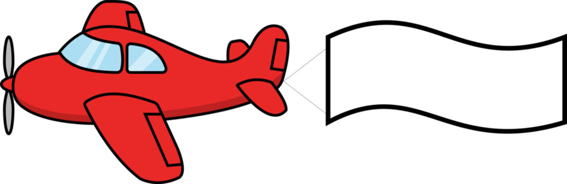 Cartoon red airplane flying and pulling a blank white banner for text