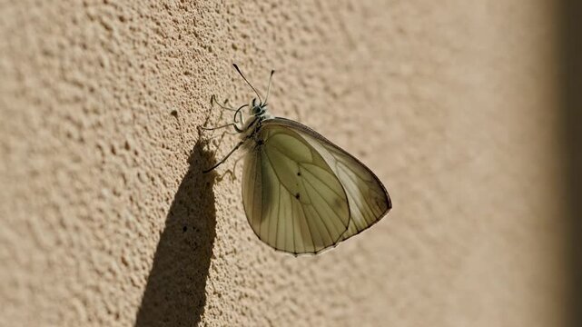A beautiful white Pieris cabbage butterfly with delicate wings and antennae rests on a rustic wooden wall in a summer garden closeup