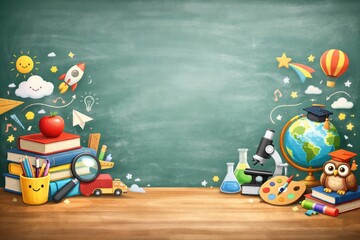 Fototapeta premium Educational background, with a green, chalkboard, stacks of, books, a globe, a microscope, and, colorful school supplies, on a wooden, desk surface