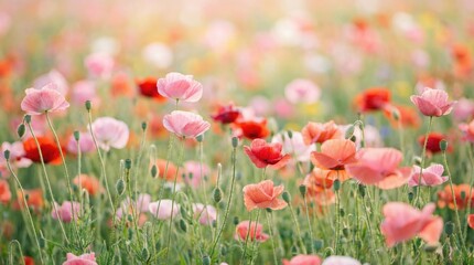 Fototapeta premium Field of blooming pink and red poppy flowers with soft green stems, captured in a shallow depth of field with a blurred, dreamy background
