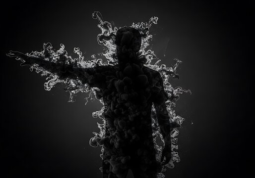 Silhouetted figure composed of dispersing dark fluid against a deep background