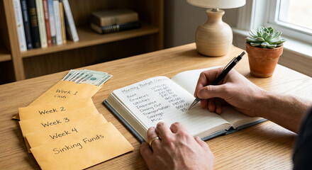 Naklejka premium Personal finance budgeting system showing monthly budget overview notebook handwritten expenses cash envelopes labeled weeks savings funds wooden desk lifestyle concept stock photography for buyers 