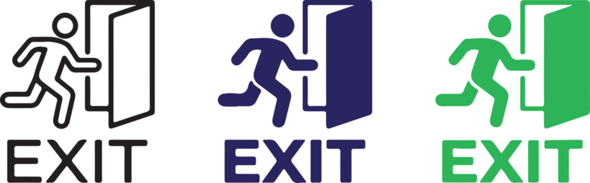 Set of exit signs in black, blue, and green