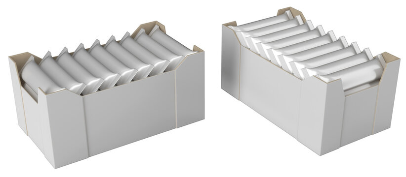 Realistic sachet display boxes mockup. 3d illustration transparent background