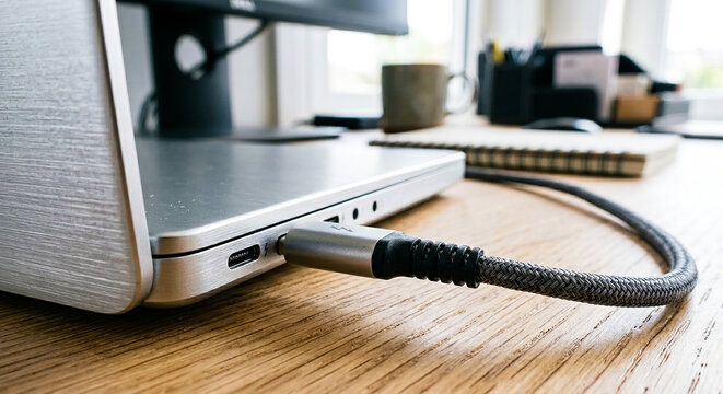 Close-up of modern laptop on wooden desk with braided USB-C Thunderbolt cable plugged into port, blurred notebook, mug, office supplies, background technology, connectivity 
