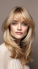 Fototapeta premium Blonde woman with blue eyes, soft makeup, smooth skin, natural beauty, medium length hair, studio portrait, gentle smile