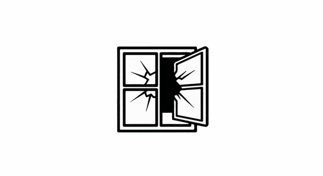 A broken window with a gaping hole and shattered panes