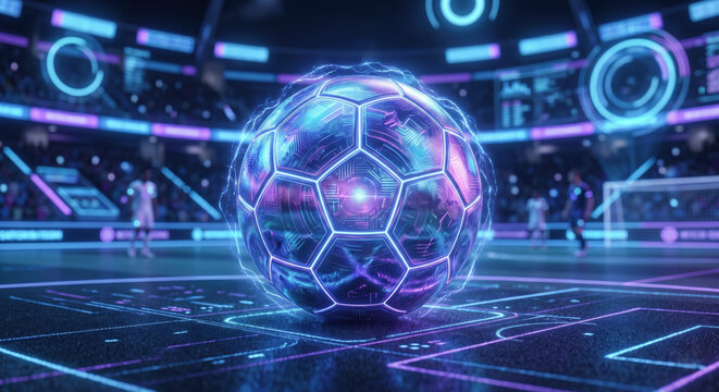 Futuristic football with neon circuitry design glowing on a digital pitch, symbolizing innovation in sports technology.