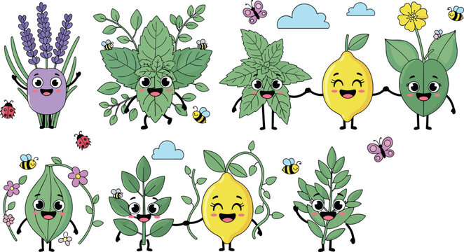 Cute herbal plant characters vector set with lavender mint lemon leaves cartoon mascots bees butterflies nature collection isolated