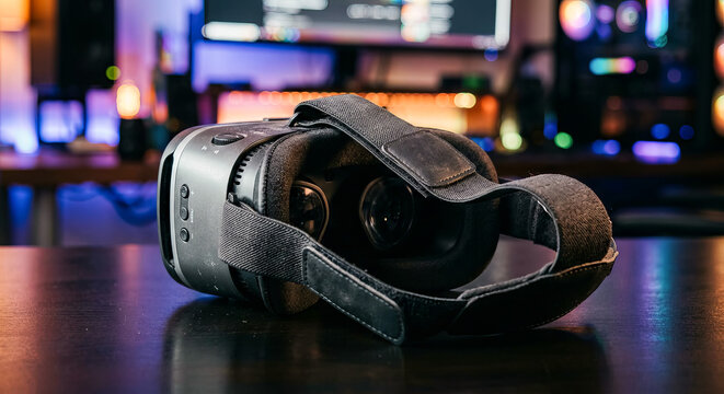 Closeup of modern virtual reality headset resting on dark desk gaming technology immersive experience concept stock photography for buyers searching VR simulation visuals inspiration