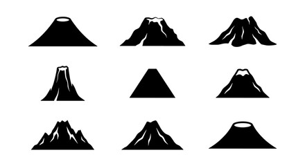Volcano icon set with 9 black vector silhouettes, mountain peak and crater symbols, minimalist volcanic eruption and nature landscape elements © Shakila