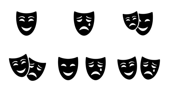 Theater mask icon set with comedy and tragedy faces, black dramatic stage performance symbols, 6 vector illustrations for acting and cinema