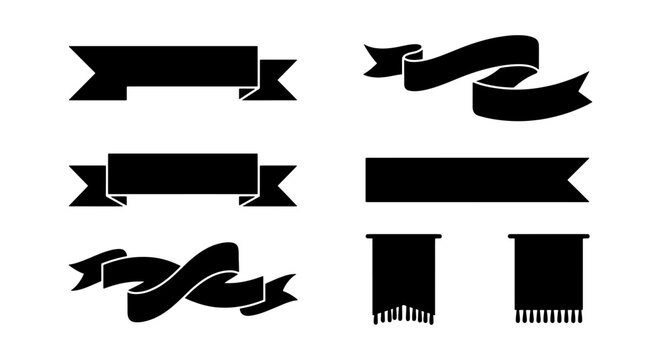 Vintage black ribbon banner set, classic decorative flag collection, elegant heraldic scroll vector elements for labels and branding