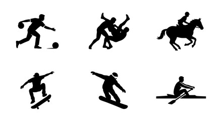 Athletic sports silhouettes set, 6 black vector icons of bowling wrestling and horse riding, skateboarding snowboarding and rowing symbols © Shakila