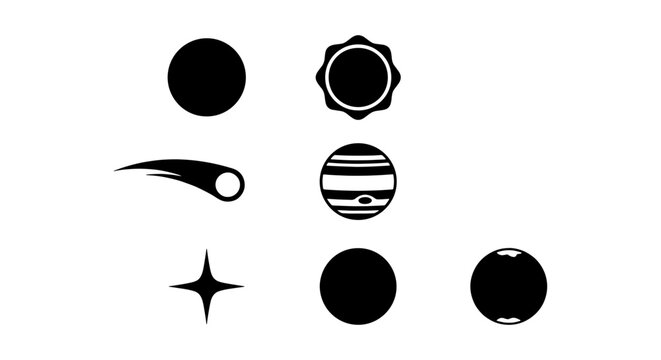 Minimalist space icon set with celestial bodies, black planet silhouettes and comet vector, 7 astronomy symbols for science education and logo design