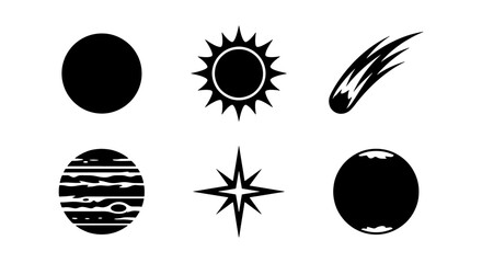 Minimalist celestial space icons set, black silhouette planets and stars vector, astronomical symbols including sun comet and jupiter for science graphics © Shakila