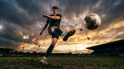 Naklejka premium Man kicks soccer ball on field during sunset with cloudy sky