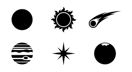 Minimalist celestial space icons set, black silhouette planet and sun symbols, 6 vector astronomy elements including comet and star for science infographics © Shakila