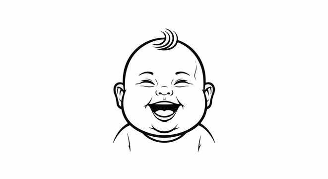 A joyful baby's face with eyes closed in laughter and a single swirl of hair