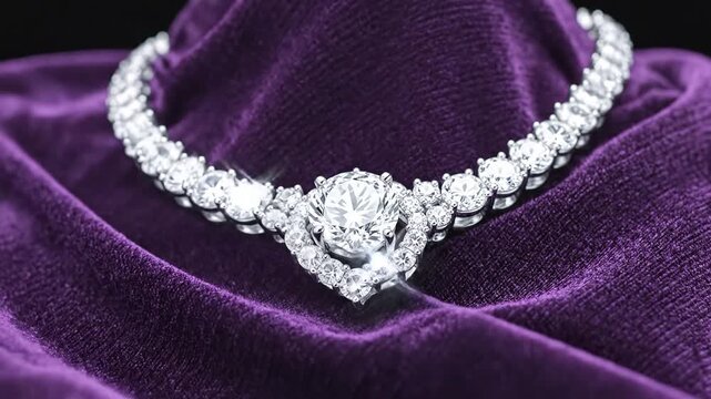 Exquisite Diamond Necklace Sparkling on Luxurious Purple Velvet.