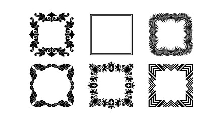 Obraz premium Vintage ornamental frame set, 6 black decorative square borders, elegant floral and geometric vector elements for wedding invitations and certificates