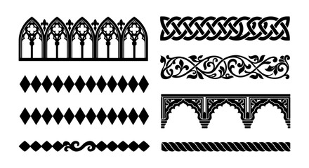 Gothic architectural borders and vintage decorative dividers, black silhouette ornamental frames, medieval celtic knot and floral vector elements © Shakila