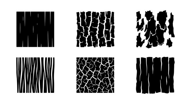 Distressed wood grain and bark texture set, 6 organic black and white vector patterns, rustic timber and cracked earth surface elements