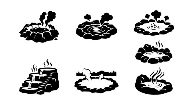 Hot spring icons set, black and white steaming geothermal pool vector illustrations, natural volcanic geyser and thermal bath collection
